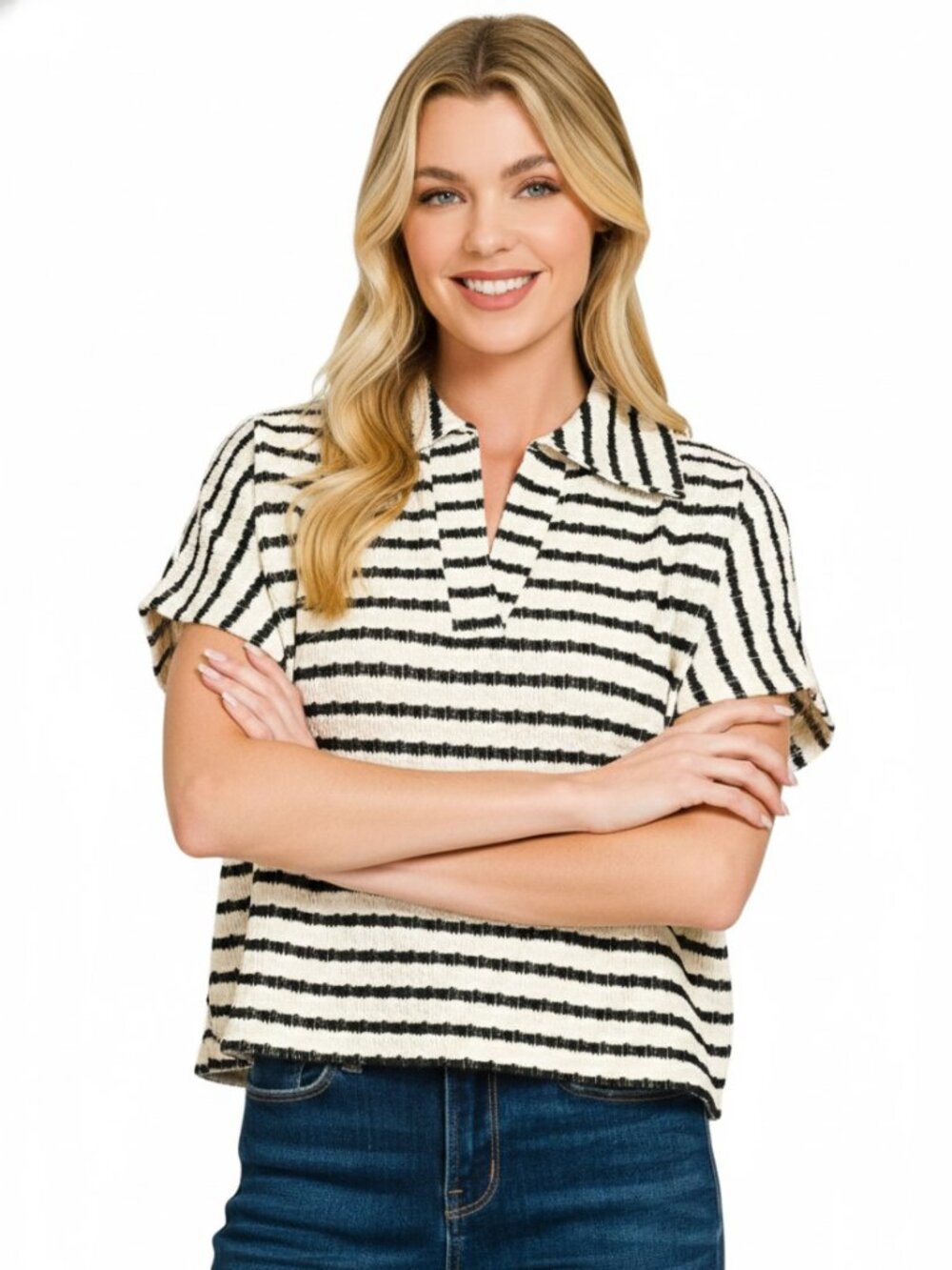 Zenana Striped Split Neck Collared Top